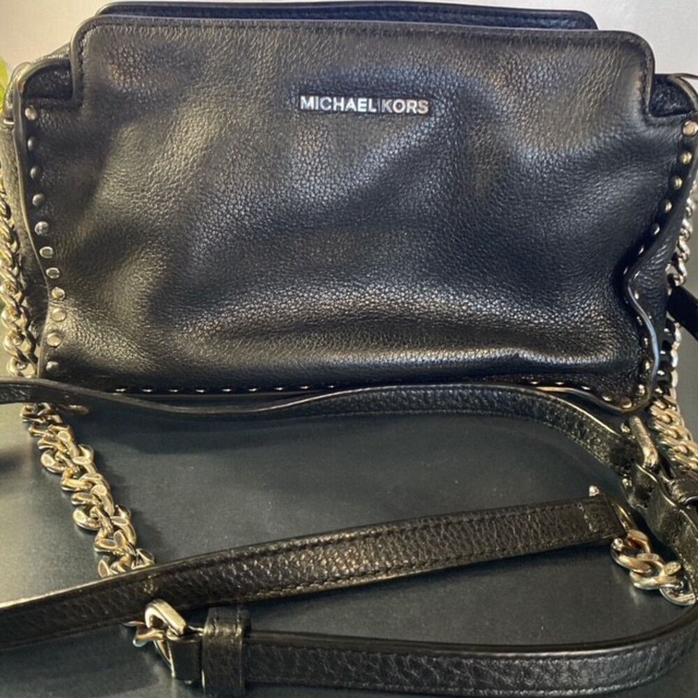KORS Michael Kors Black Leather Crossbody Bag with Gold Chain